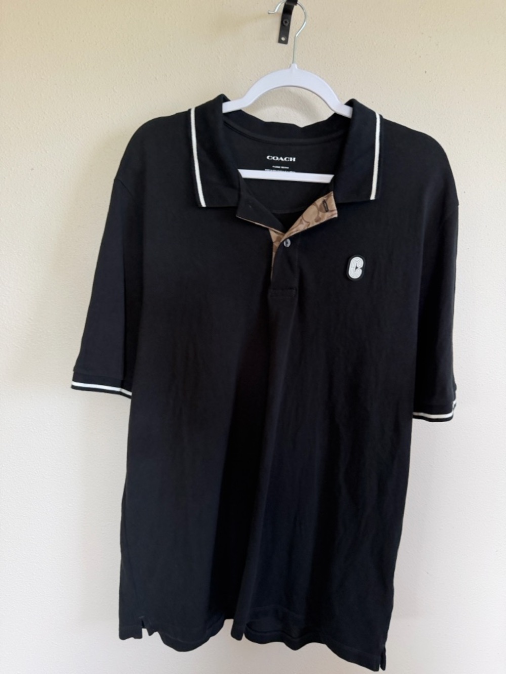 Coach Men’s Black Polo with Brown Signature Monogram and White Logo XL